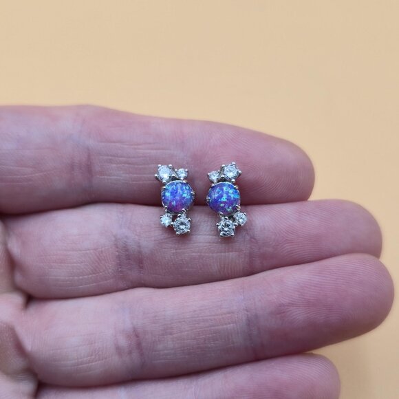 Sterling Silver Round Blue Opal And CZ Stud Earrings A5385 - Picture 1 of 8